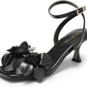 Women's Faux Leather Flower Heels Slip-On Kitten Heels Square Toe Sandals